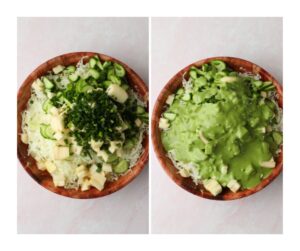 The ingredients have been added to a large brown bowl and are ready to be tossed.