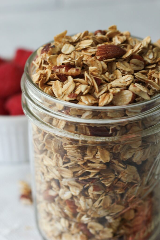 The granola is in a jar and is ready to enjoy!