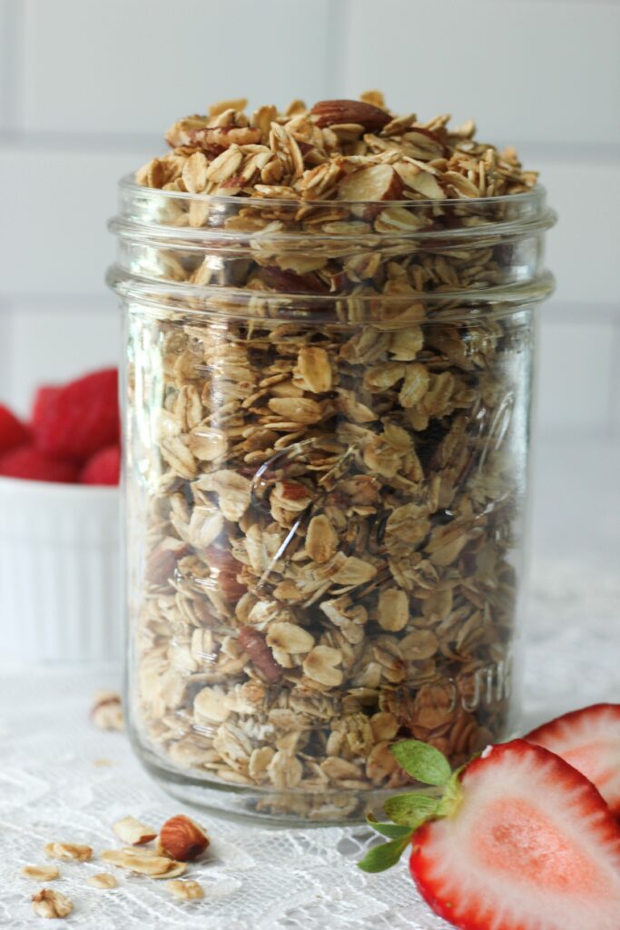 The granola is in a mason jar.