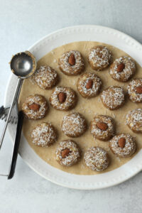 The balls of dough have been rolled into shredded coconut.