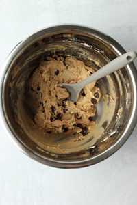 The sprinkles and chocolate chips have been mixed into the cooke dough batter.