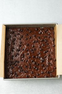 The chocolate chips have been sprinkled over the batter.