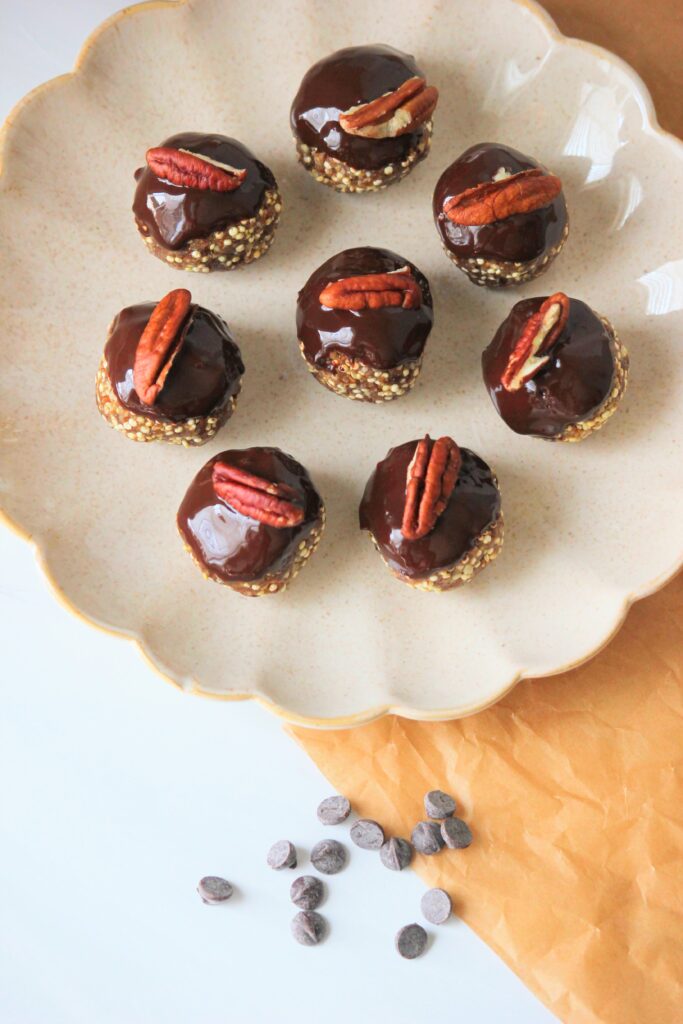 A plate of No-Bake Healthy Pecan Pie Bites.