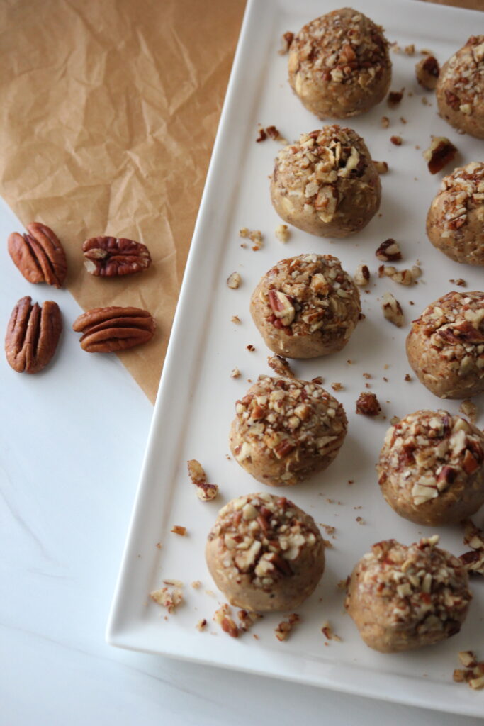 Pecan Pie Protein Balls on a plate.