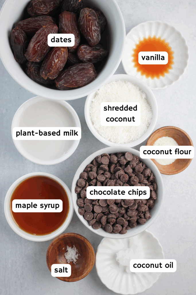 All of the ingredients needed to make these coconut-stuffed dates.