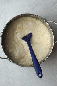 The marshmallow and butter have been melted together in a pan.