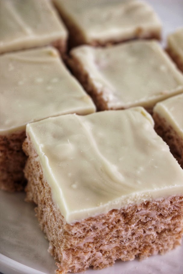 Healthier White Chocolate Peppermint Rice Krispie Treats cut into squares.