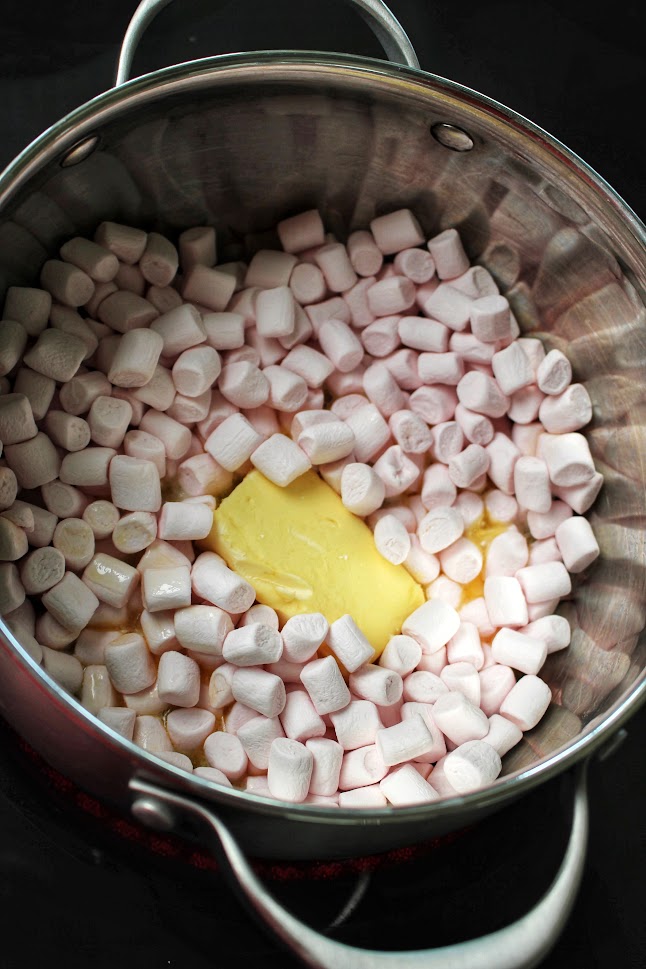 The marshmallows and butter in a pan.