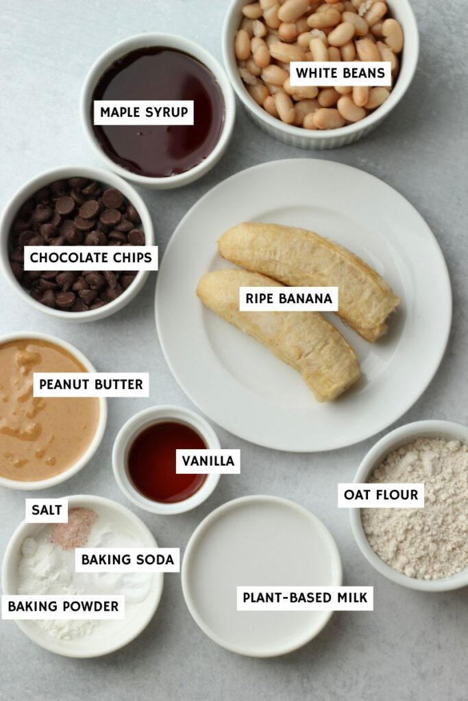 All of the ingredients needed to make these easy peanut butter blender muffins.