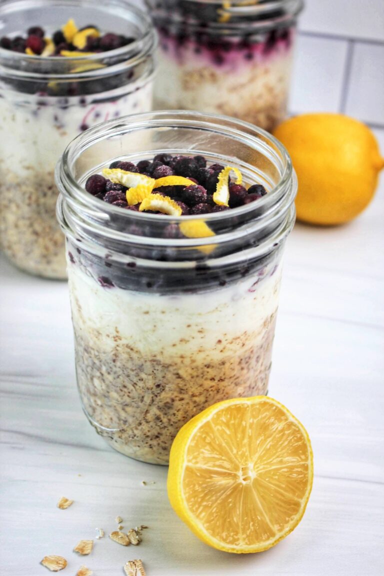 A jar of lemon blueberry overnight oats.