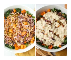 The dressing has been poured over the salad in a large bowl.