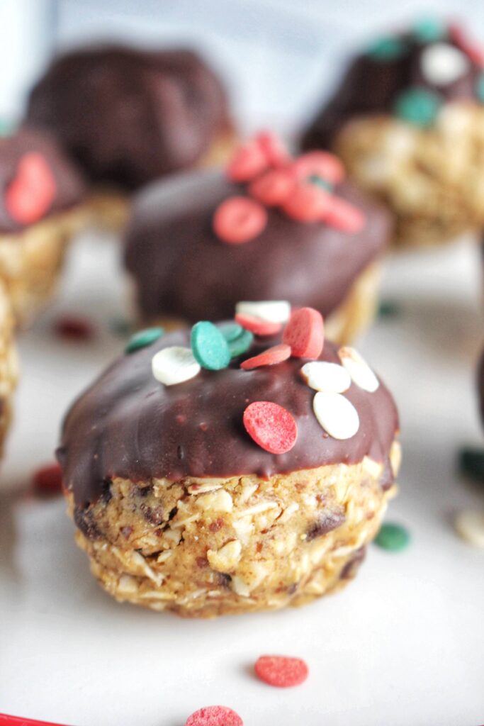 An up close picture of a Peanut Butter Oatmeal Protein Ball.