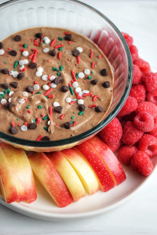 High protein chocolate fruit dip in a bowl.