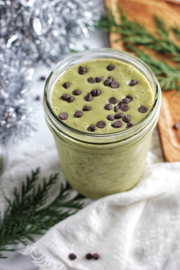 Holiday White Peppermint Protein Smoothie (vegan) up close.