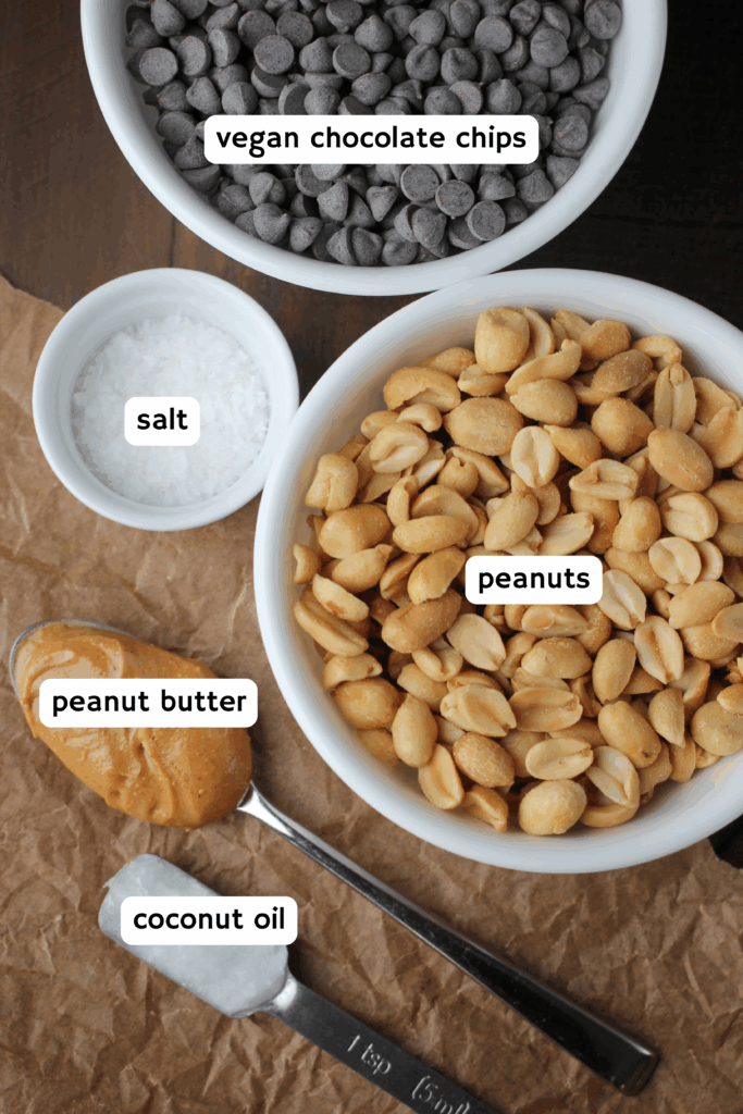 All of the ingredients needed to make these chocolate-covered peanuts.