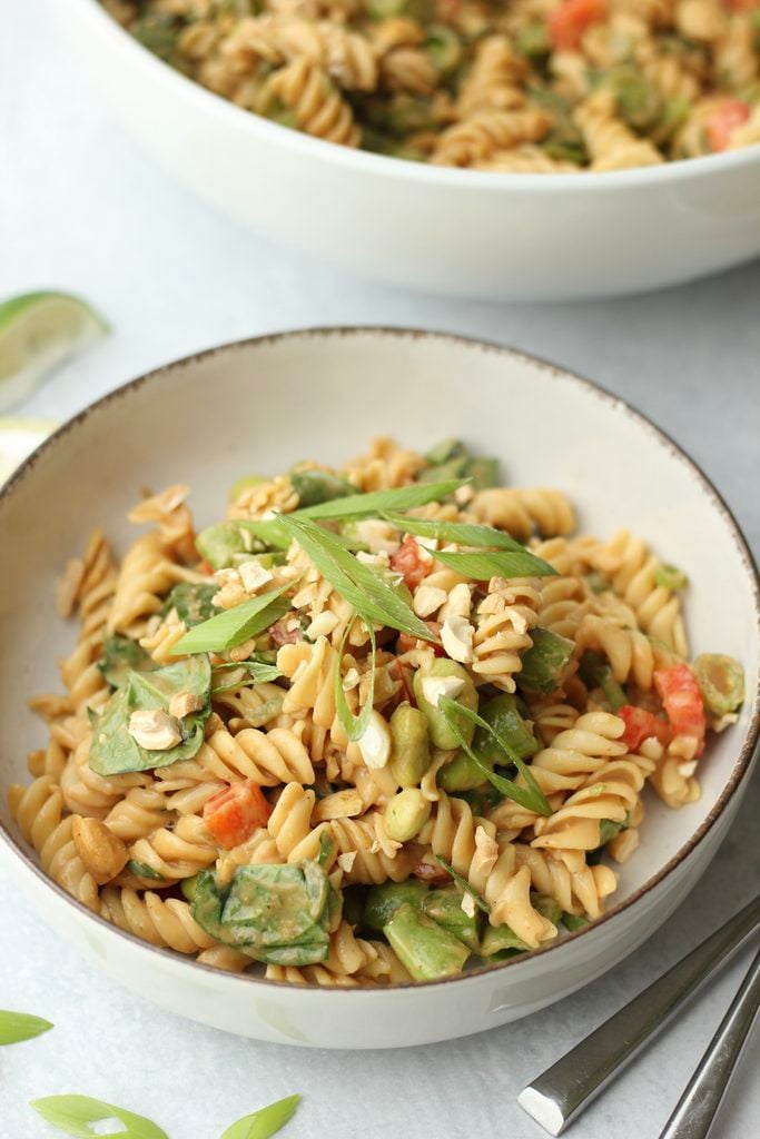 An up close picture of this vegan Asian noodle salad.