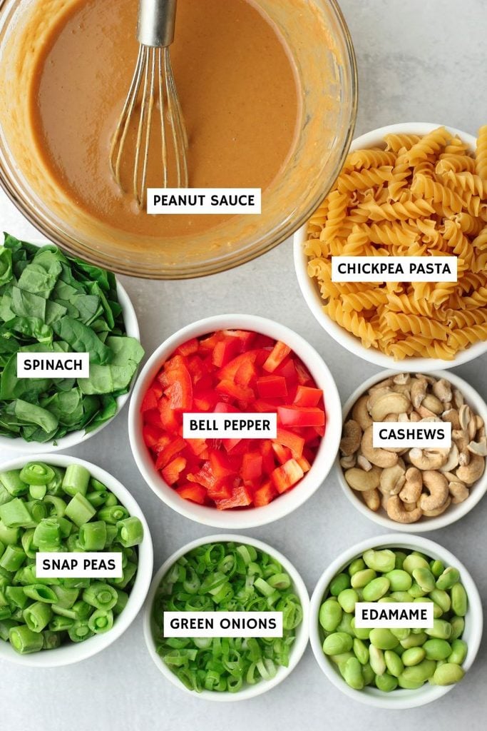 All of the ingredients needed for this Asian noodle salad.