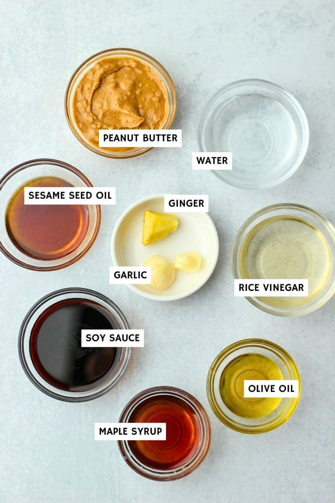 All of the ingredients needed to make the peanut sauce.