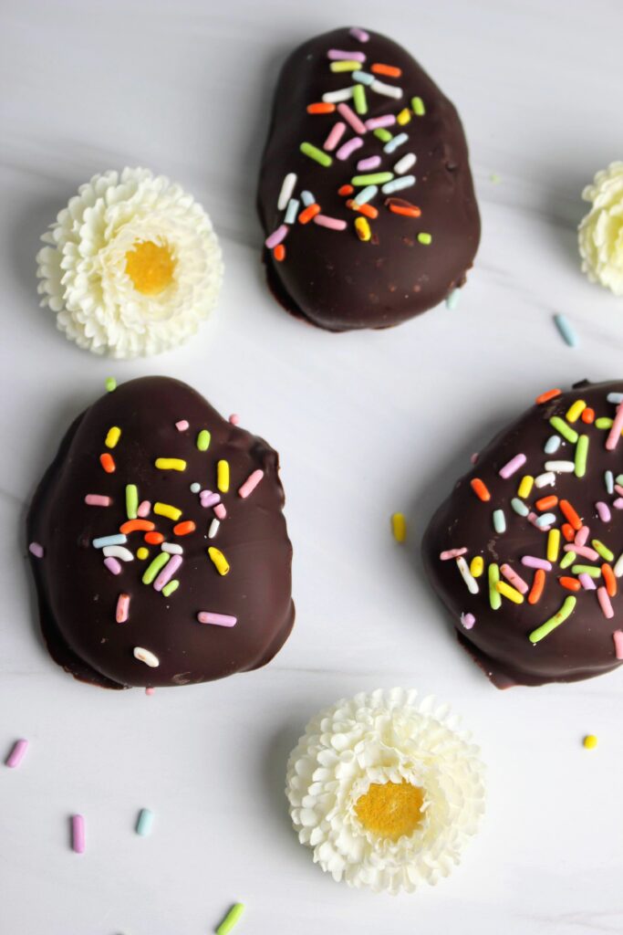 The Copycat Healthy Peanut Butter Eggs are layed out and are ready to serve.