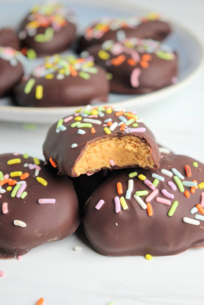 A bite out of a Copycat Healthy Peanut Butter Egg.