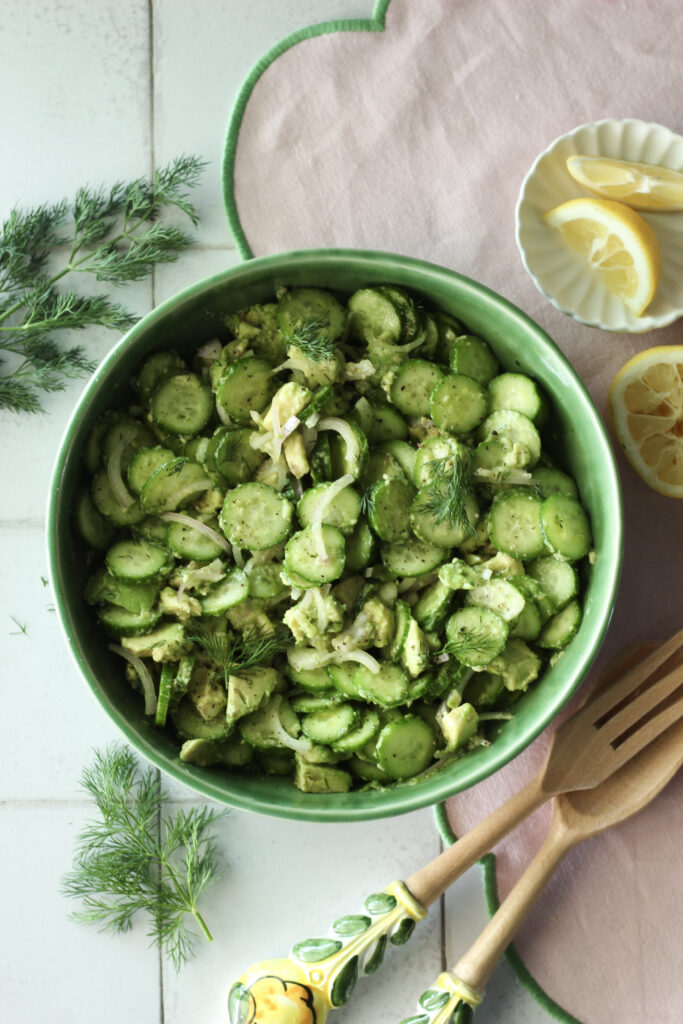 The salad is in a bowl and is ready to enjoy!