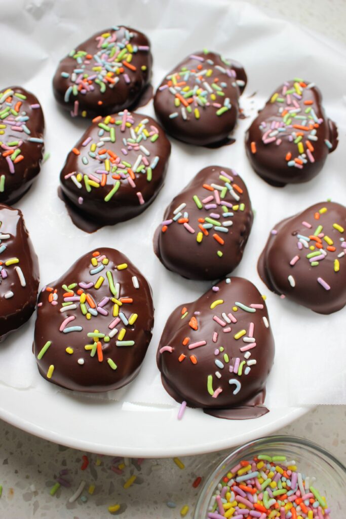 A plate of Copycat Healthy Peanut Butter Eggs.