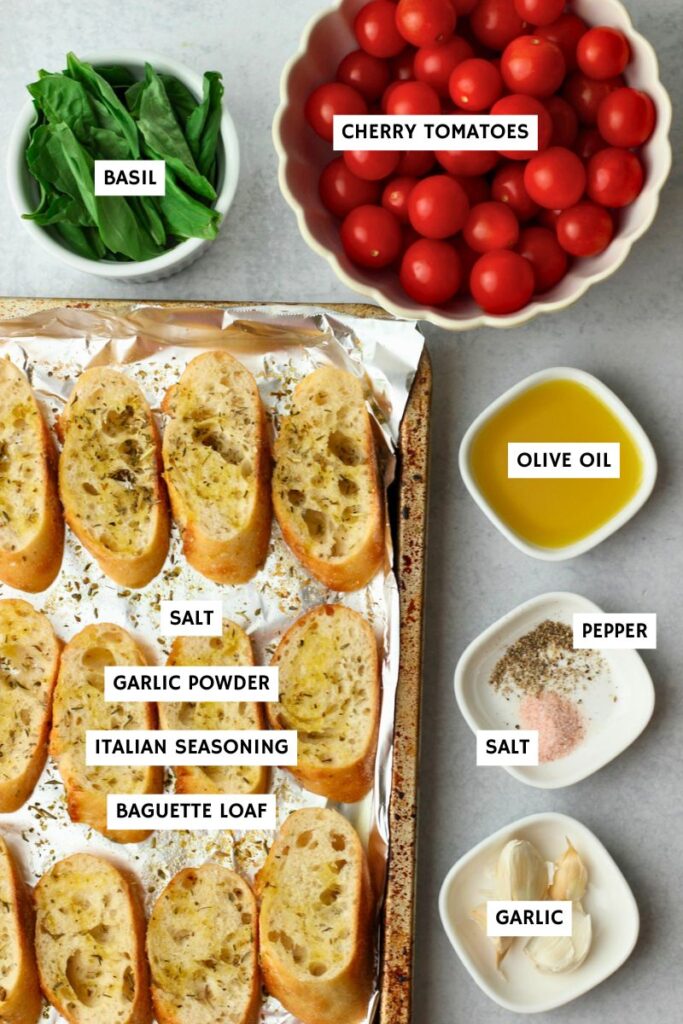 All of the ingredients needed to make this easy bruschetta recipe.