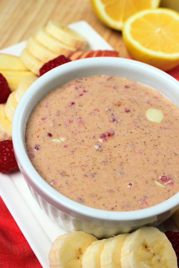 This lemon and raspberry dip is a perfect wholesome snack that is loaded with protein.