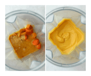 A side-by-side picture of the blender with all of the ingredients ready to be blended and the finished product.
