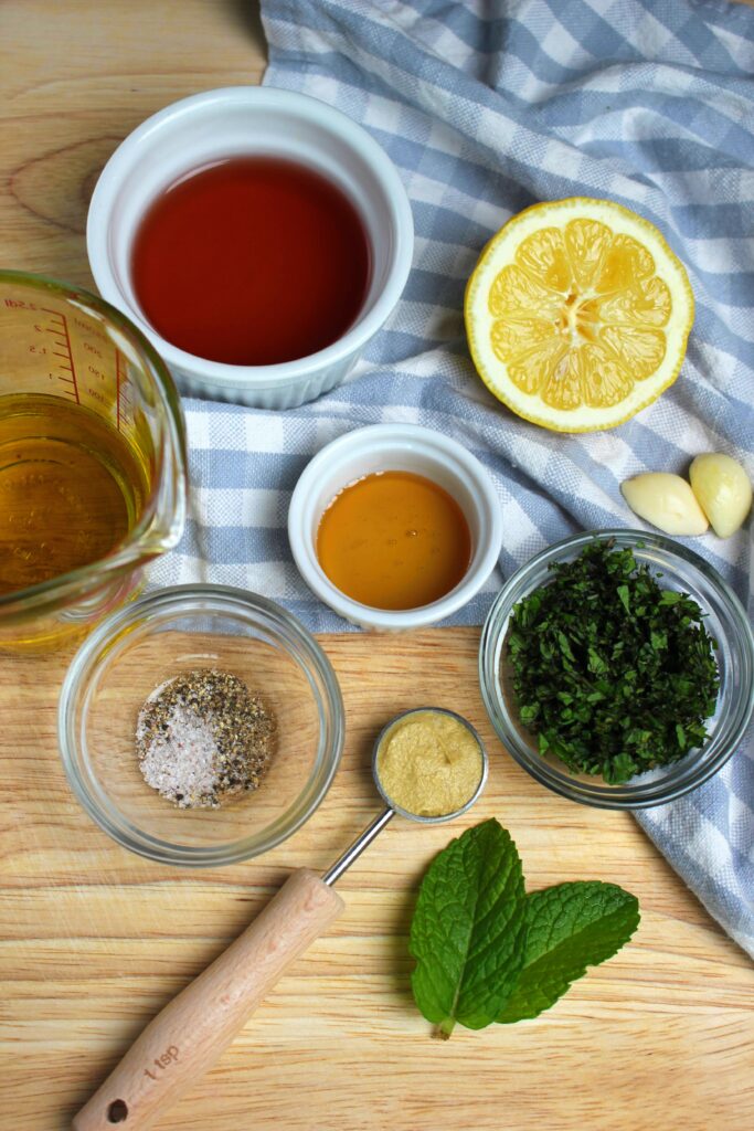 All of the ingredients to make the Fresh Mint Dressing.
