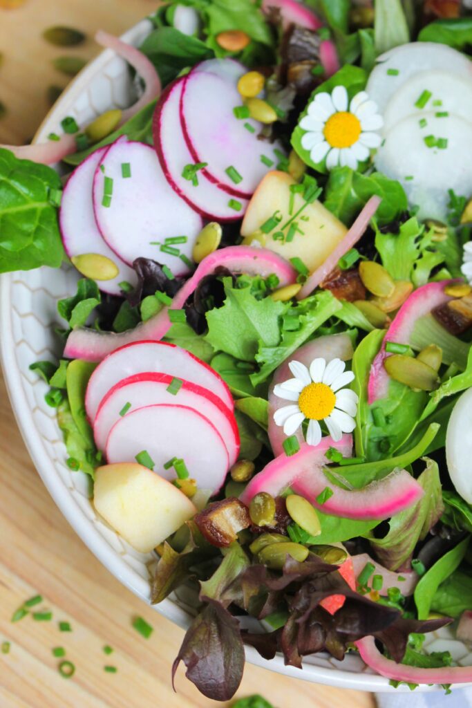 This spring salad includes greens, sliced radishes, pickled onion, apple chunks, chopped dates, minced chives, and toasted pumpkin seeds.