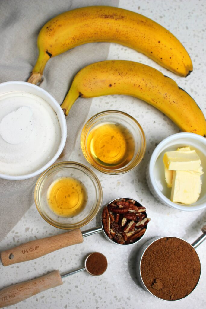 The ingredients to make this banana fosters recipe.