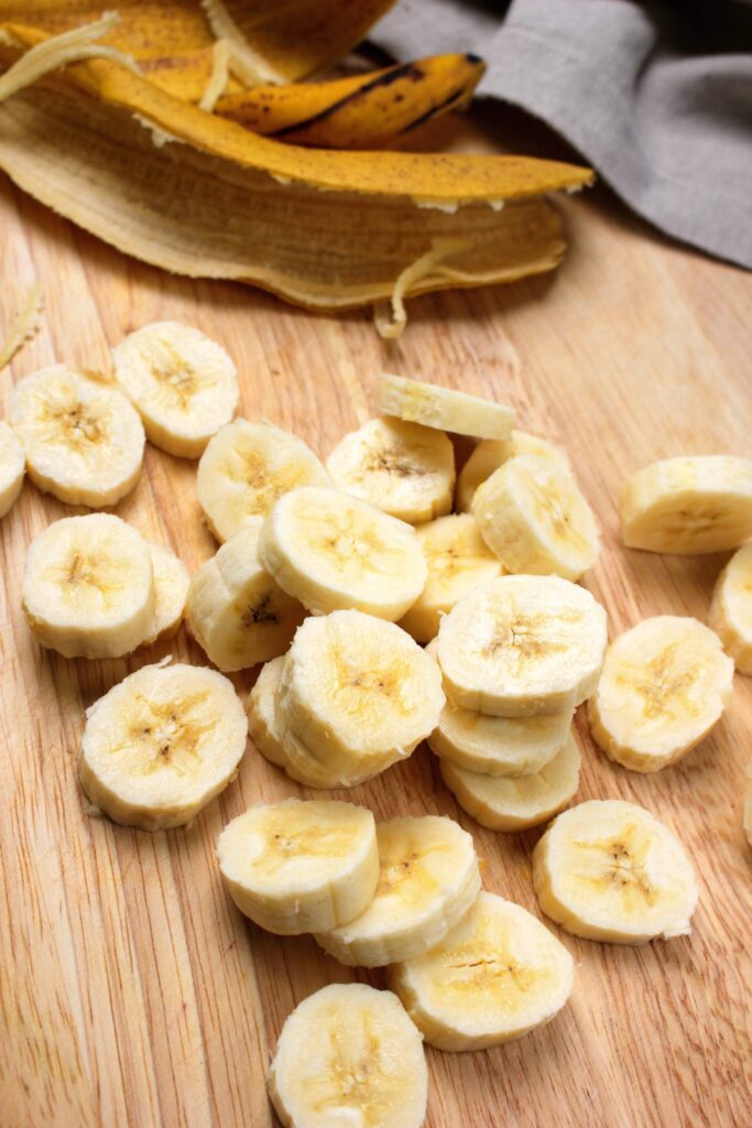 Sliced bananas for this banana fosters recipe.