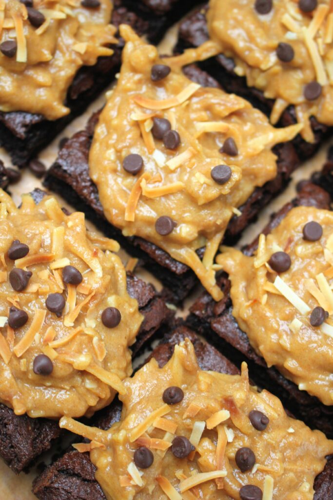 Vegan Fudgy Brownies with Caramel Toasted Coconut Frosting