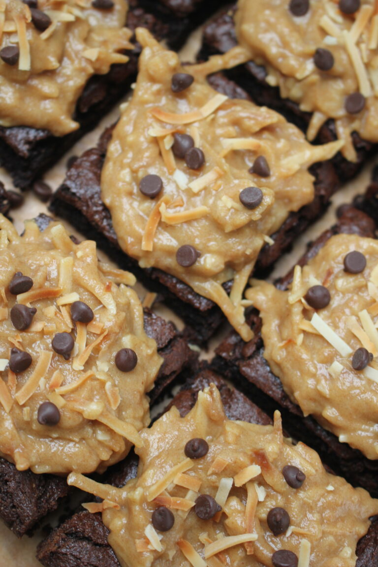 Vegan Fudgy Brownies with Toasted Coconut Caramel Frosting