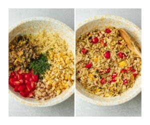 All of the ingredients have been added to a large bowl and then tossed.