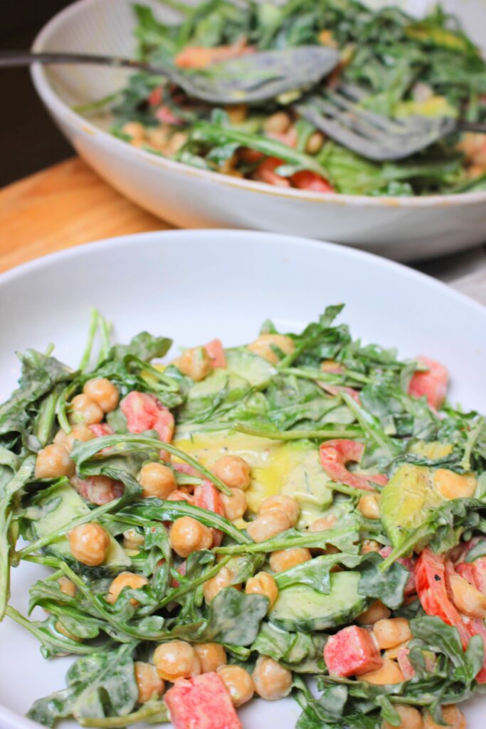 One serving of this vegan arugula salad,