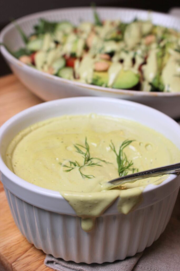 Homemade blender dill and lemon dressing.