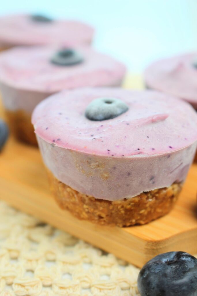 An up close picture of a no-bake blueberry cream bite.