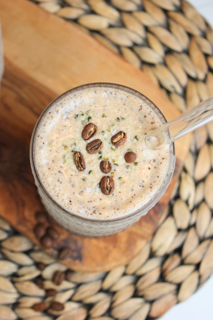 Topped the smoothie with whole coffee beans and hemp seeds.