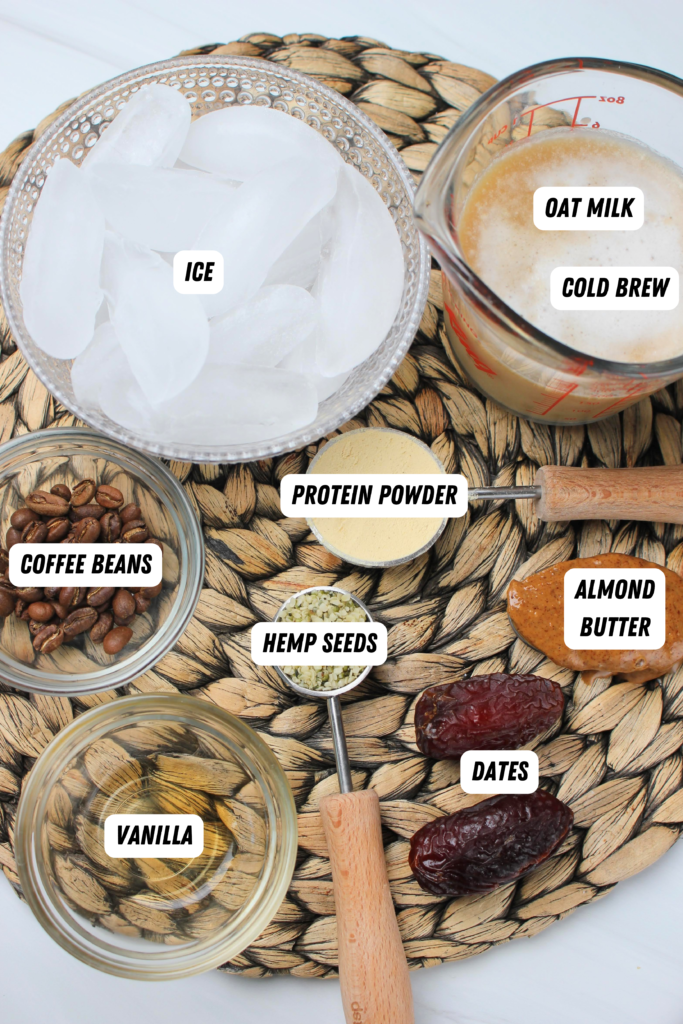 All of the ingredients needed for this coffee smoothie.