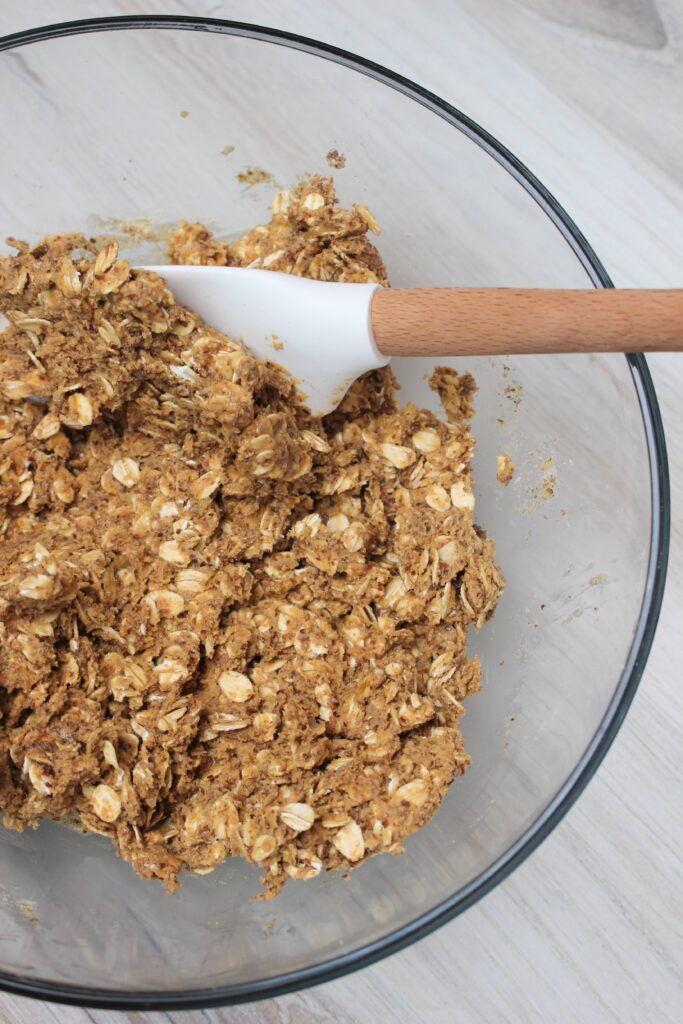 A spatula in the peanut butter mixture.