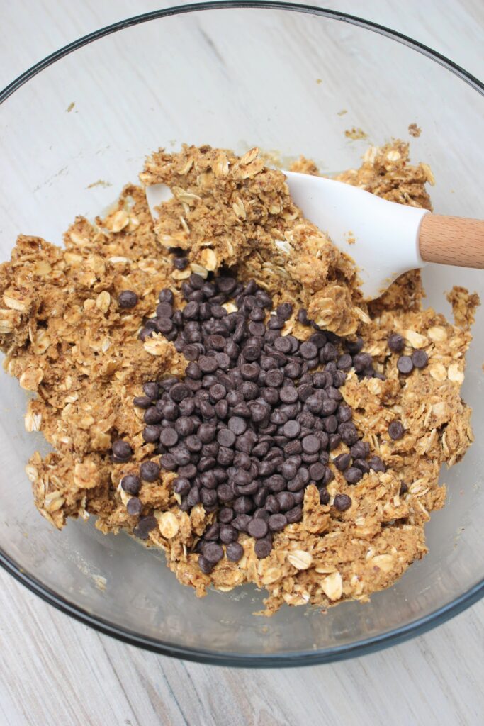 Just added mini chocolate chips to the bowl of peanut butter mixture. 