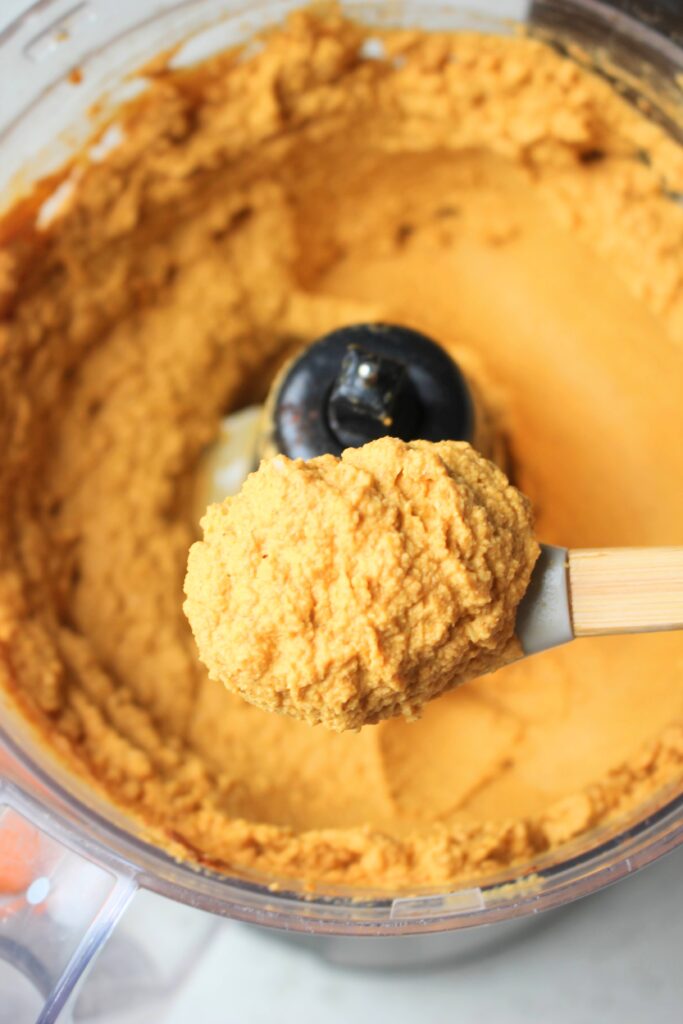 A large spoonful of the savory pumpkin hummus.
