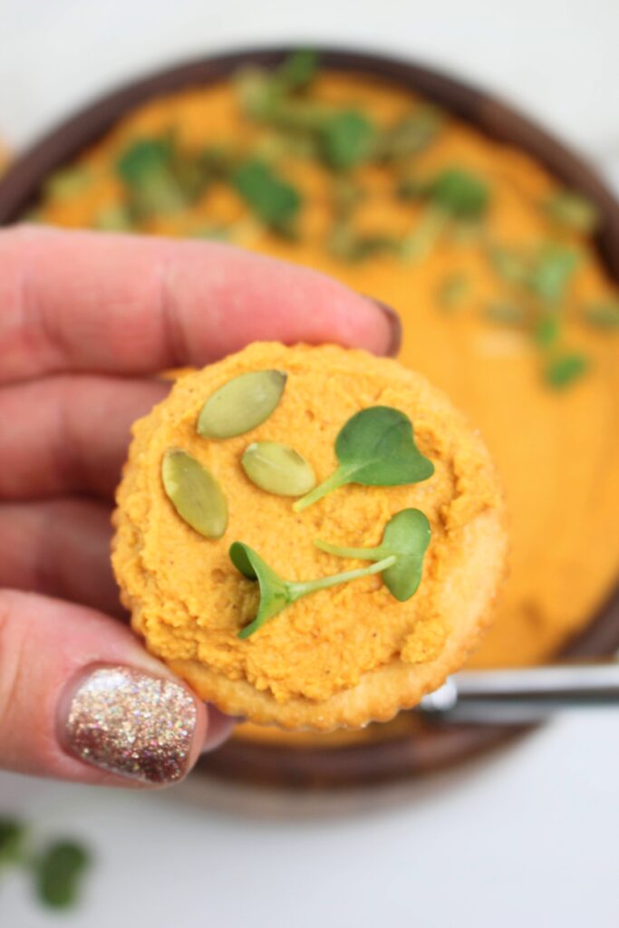 Holding a cracker with pumpkin hummus on top.