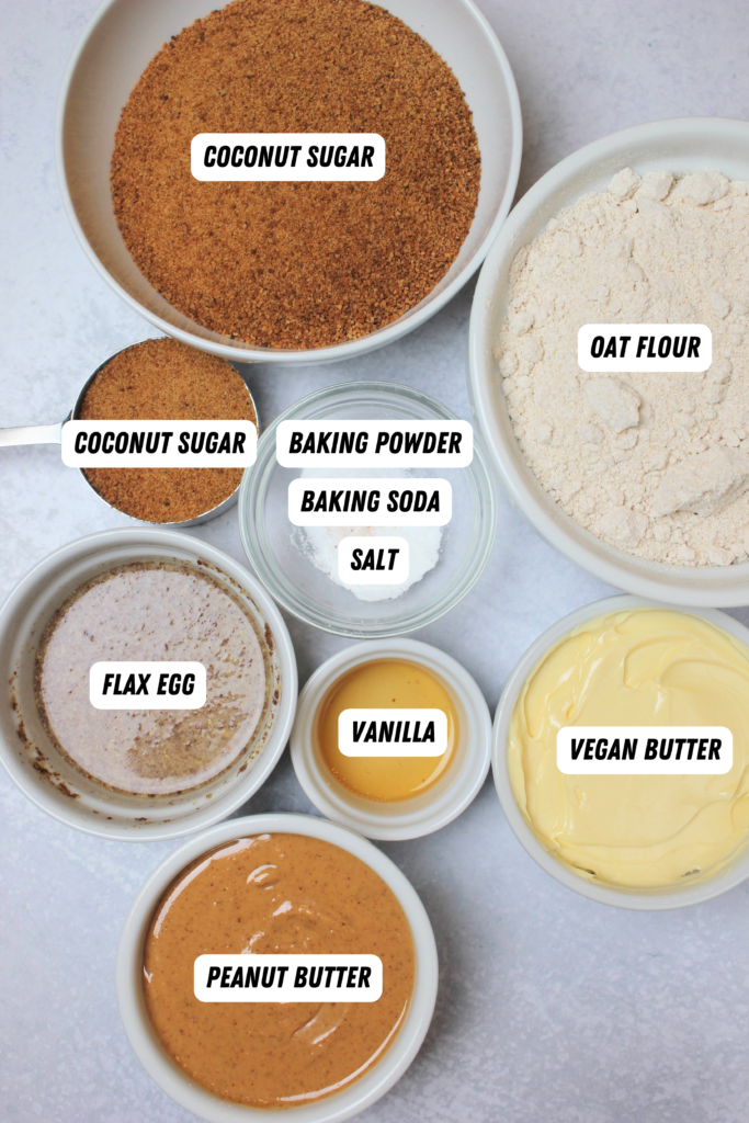 All of the ingredients needed to make these vegan peanut butter sugar cookies.