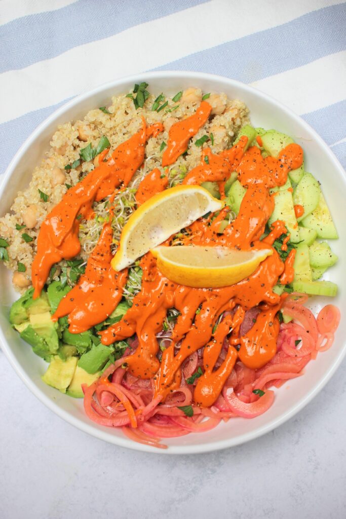 An up close picture of the Mediterranean Power Protein Bowl.