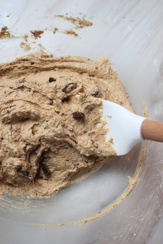 Just finished mixing up the chocolate chunks into the vegan cookie dough.
