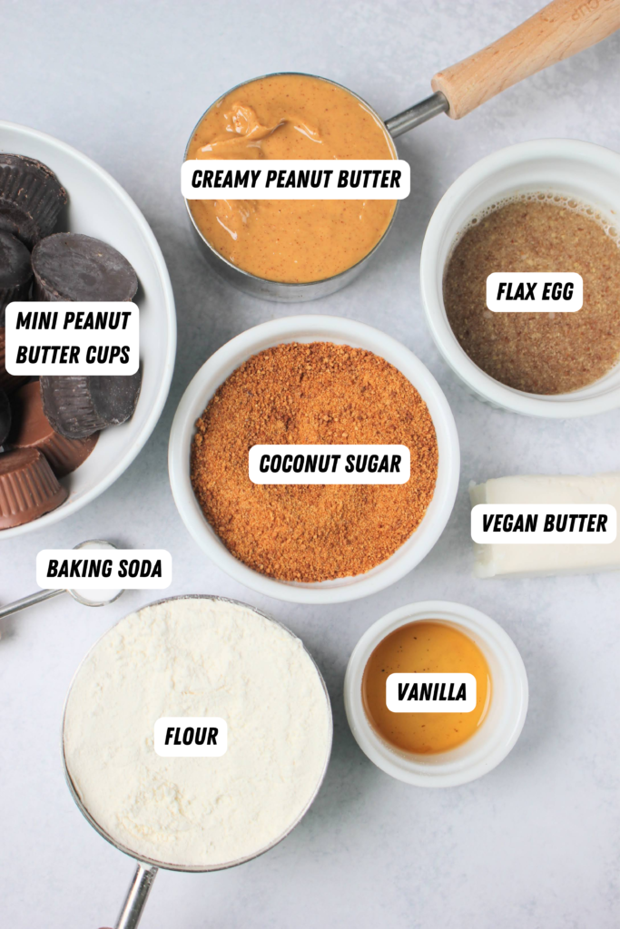 All of the ingredients needed for these peanut butter cup cookies.