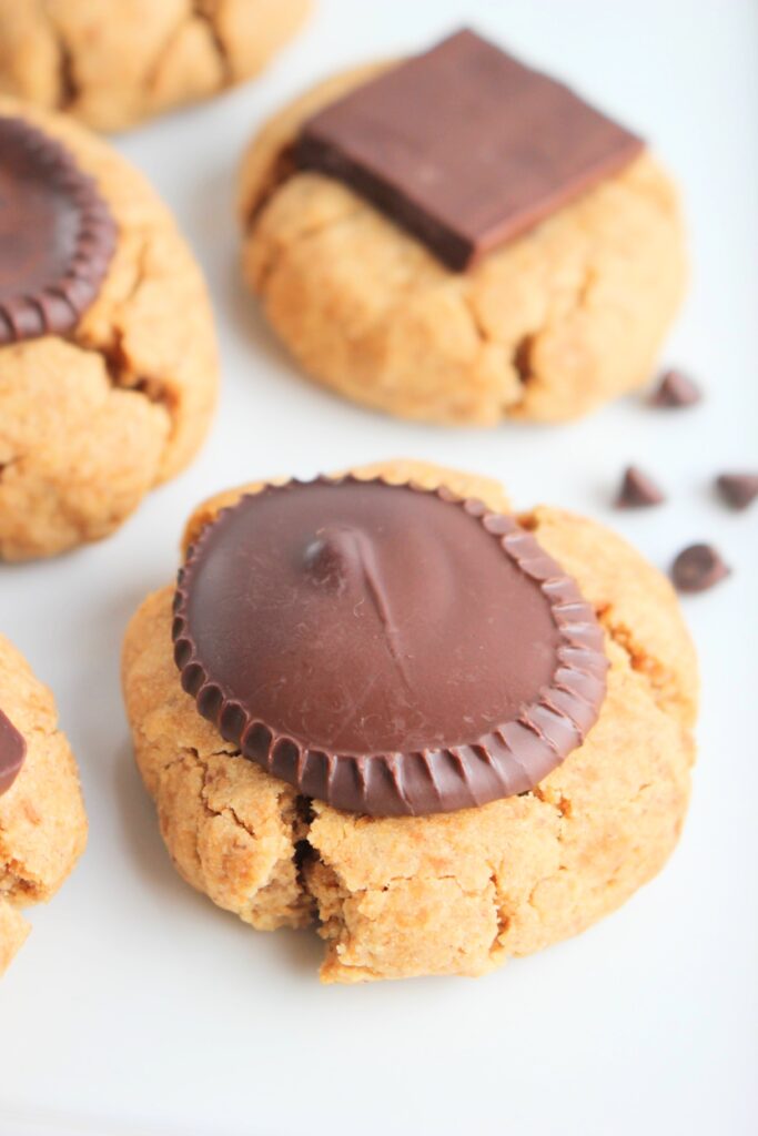 Up close picture of vegan peanut butter cup cookies.
